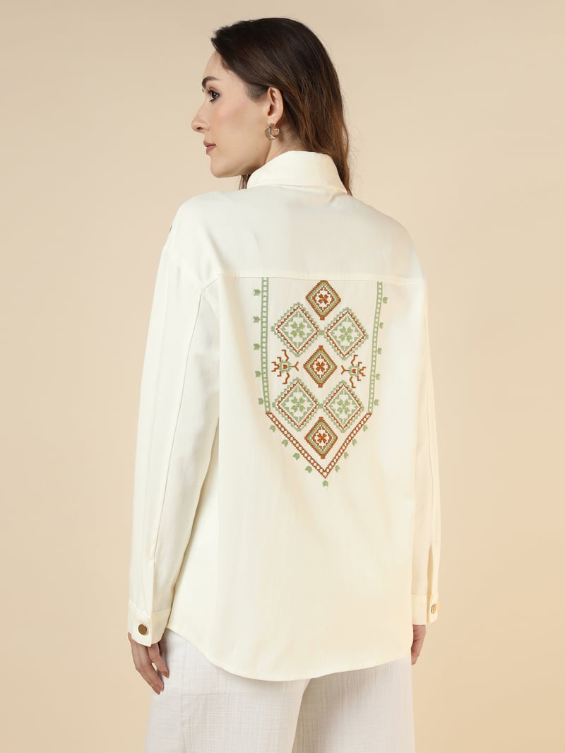 Ecru Cotton Twill Embroidered Button-Down Shirt