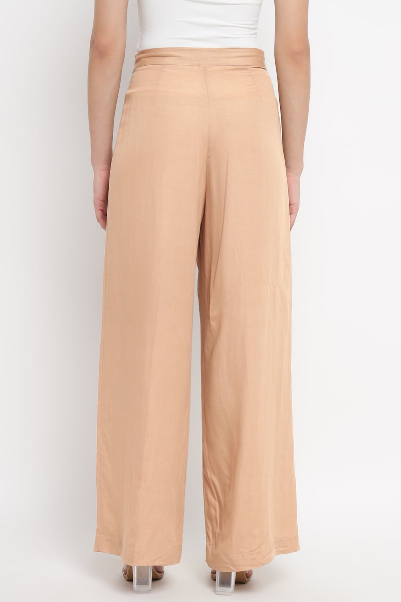 Beige High-Waist Wide-Leg Pleated Trousers