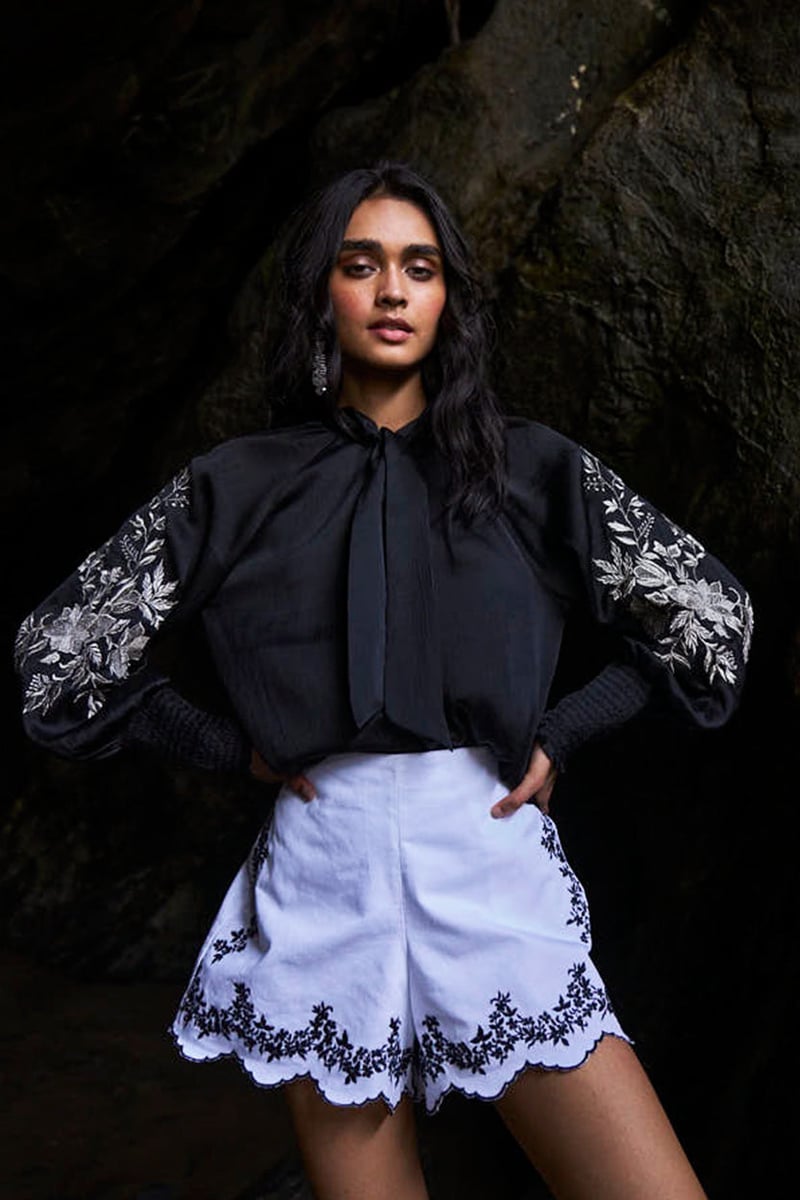 Black Tie-Neck Peasant Top with Embroidered Sleeves