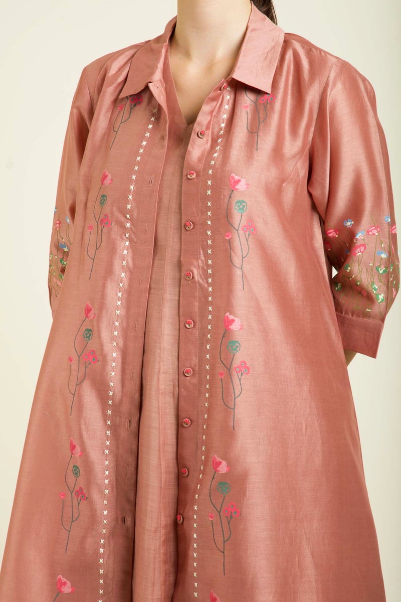 Almond Pink Chanderi Jacket Dress Set