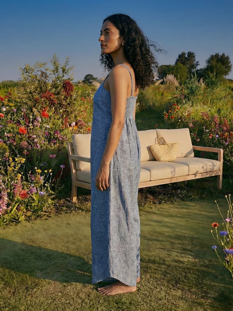 Blue Cotton Linen Square Neck Wide-Leg Jumpsuit