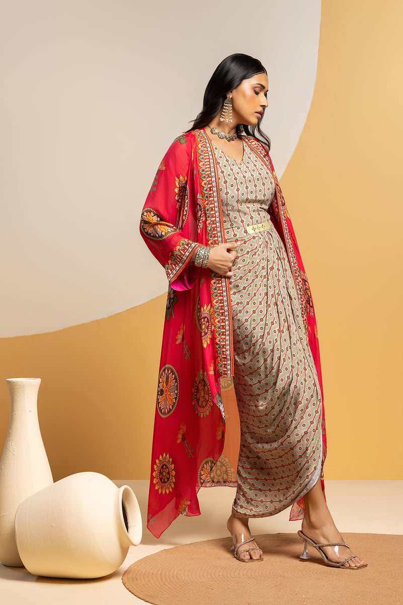 Multicolor Printed Drape Midi Dress Set With Organza Jacket
