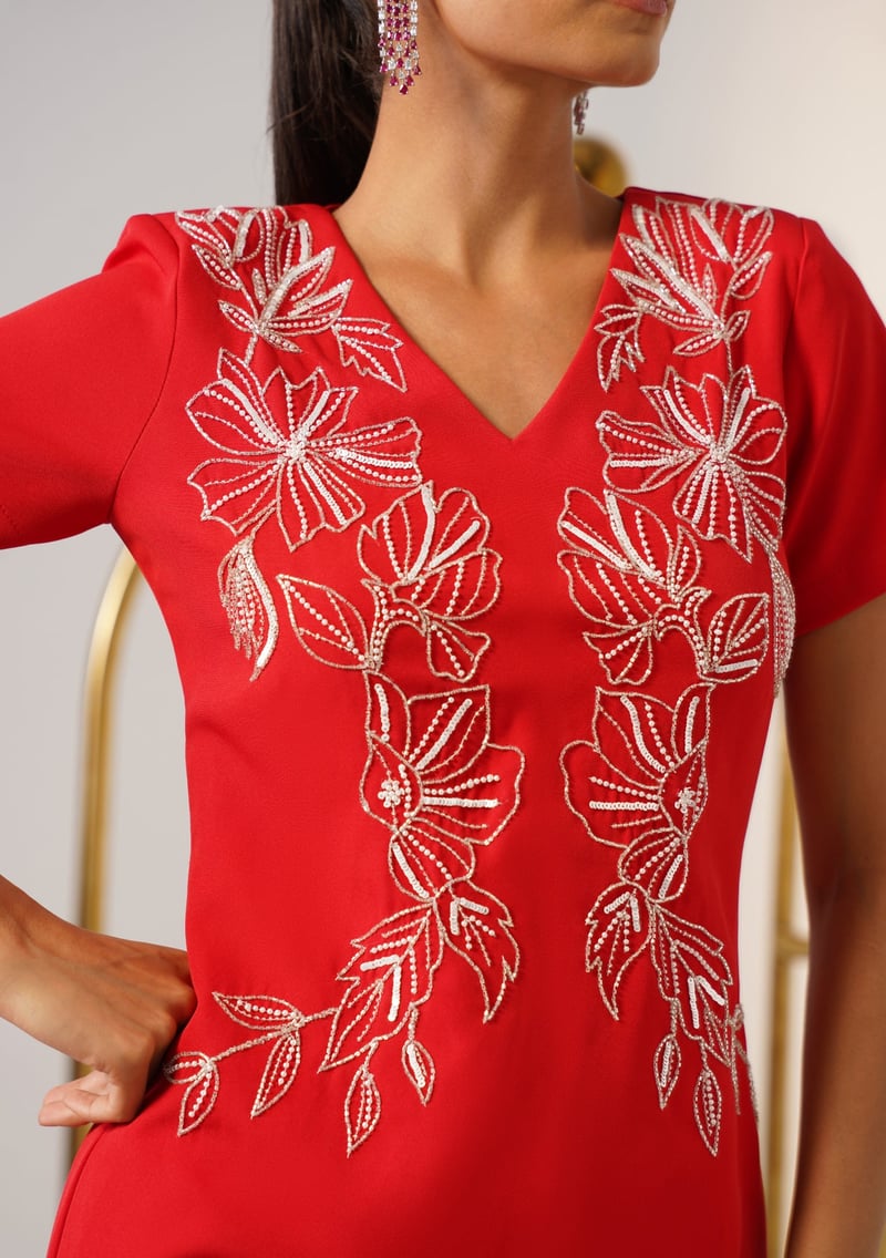 Red V-Neck Embroidered Maxi Dress