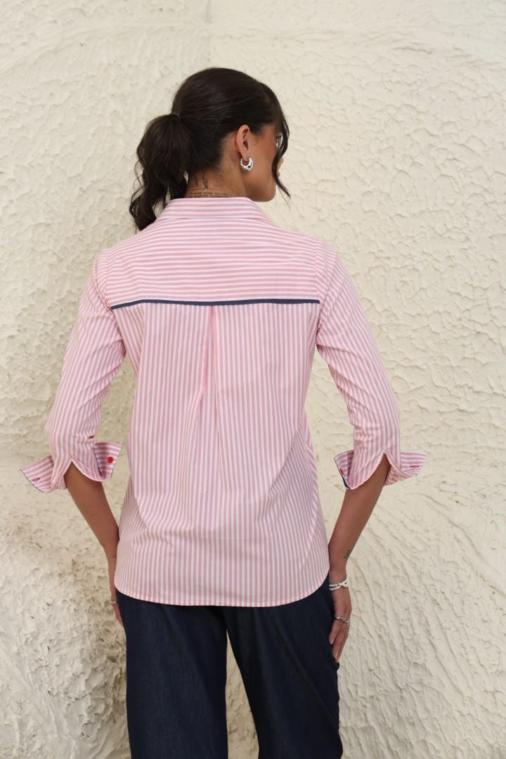 Pink Striped Cotton Shirt with Contrast Panels