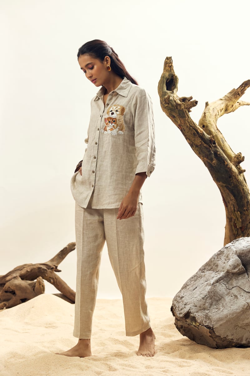 Beige Linen Straight-Leg Trousers