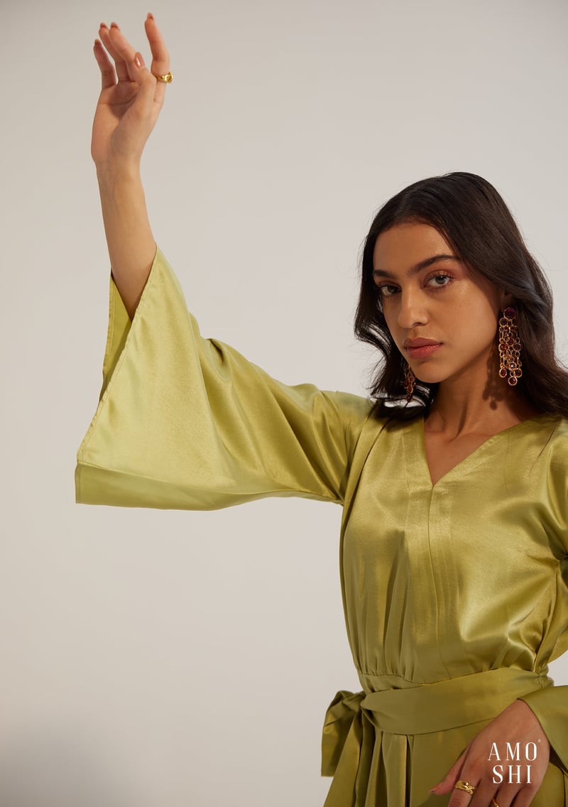 Pear Green Satin Fit and Flare Mini Dress with Belt