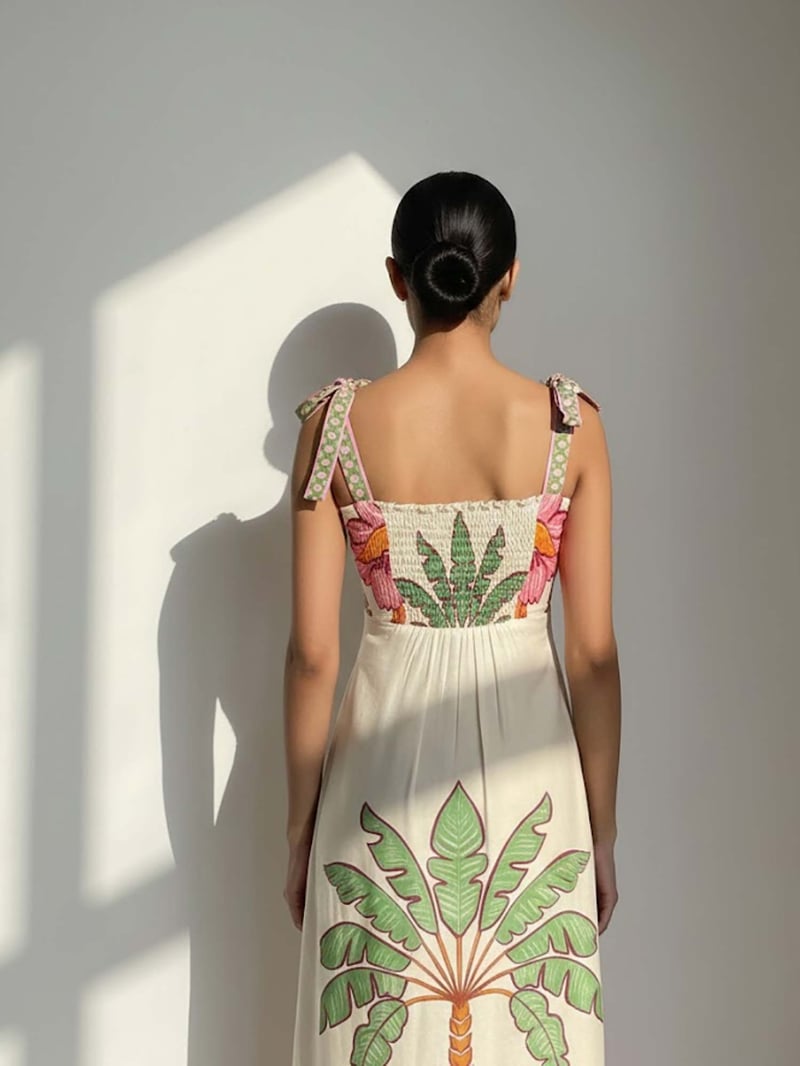 Cream Tropical Palm Print Tie-Strap Midi Dress