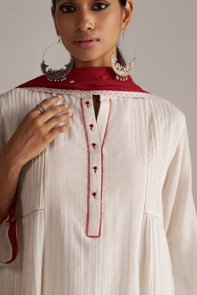 Ivory and Maroon Chanderi Floral Print A-Line Kurta Set