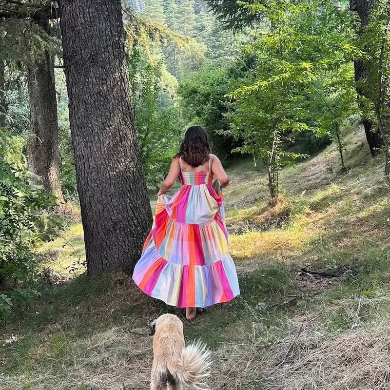 Multicolor Colorblocked Tiered Maxi Dress with Square Neck