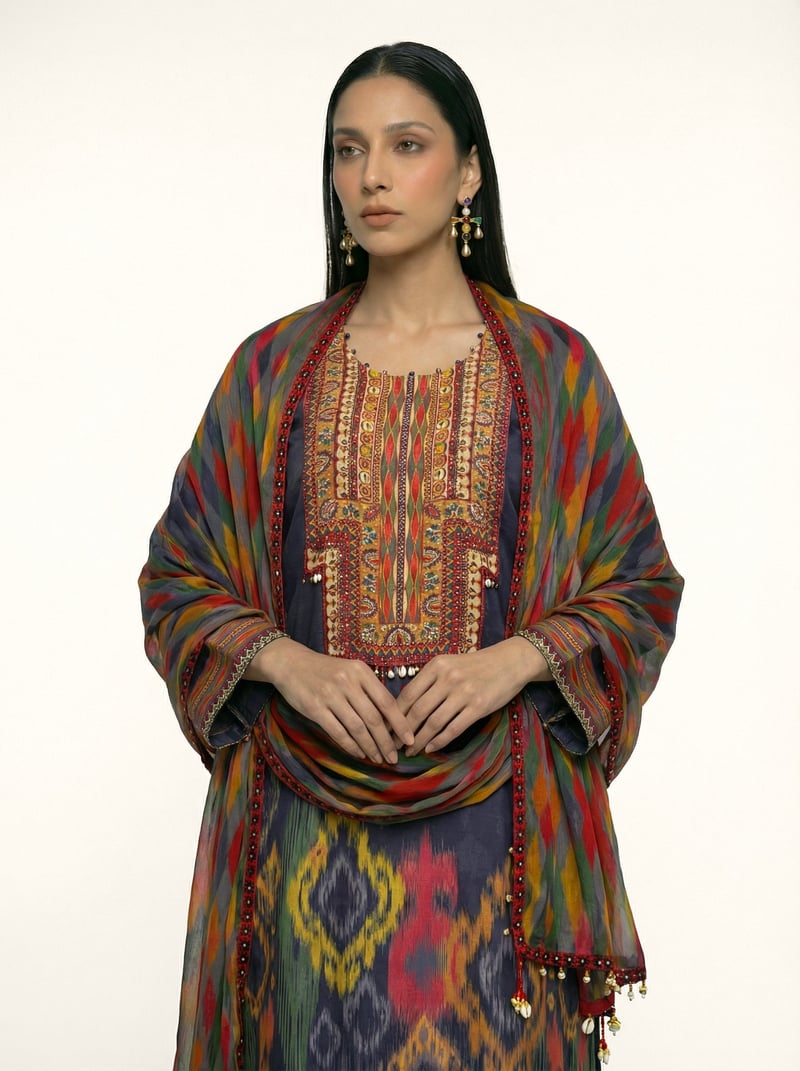 Grey Printed Muslin Silk Kurta Set with Dupatta