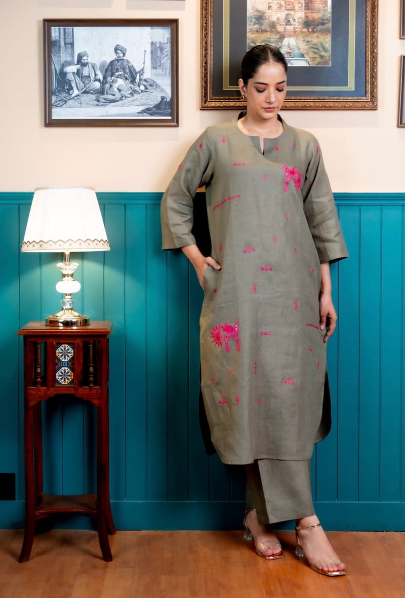 Green Linen Straight Kurta Pant Set with Pink Embroidery