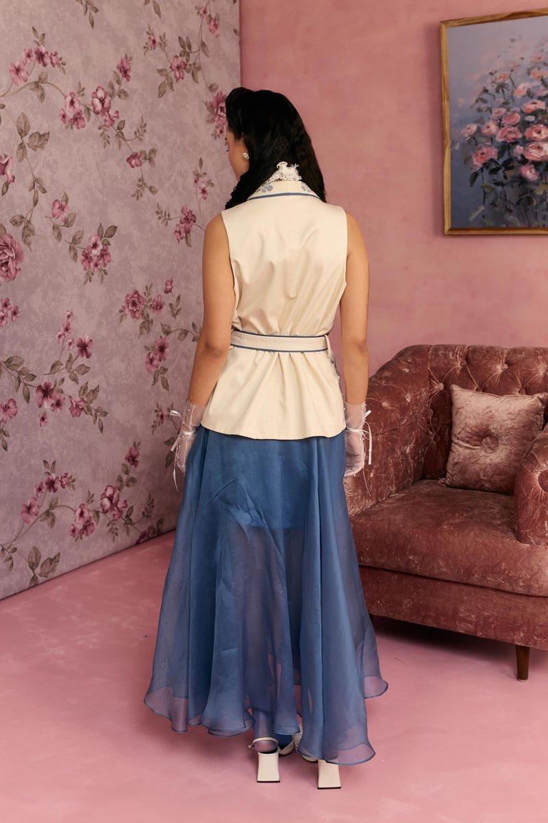 Off-White Waistcoat and Blue Maxi Skirt Co-ord Set
