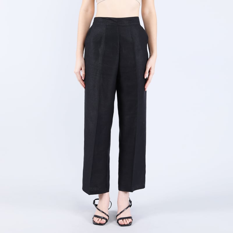 Black Linen Twill Wide-Leg High-Rise Trousers