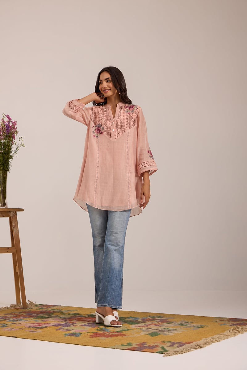 Pink Mul Chanderi Tunic and Straight Pant Co-ord Set