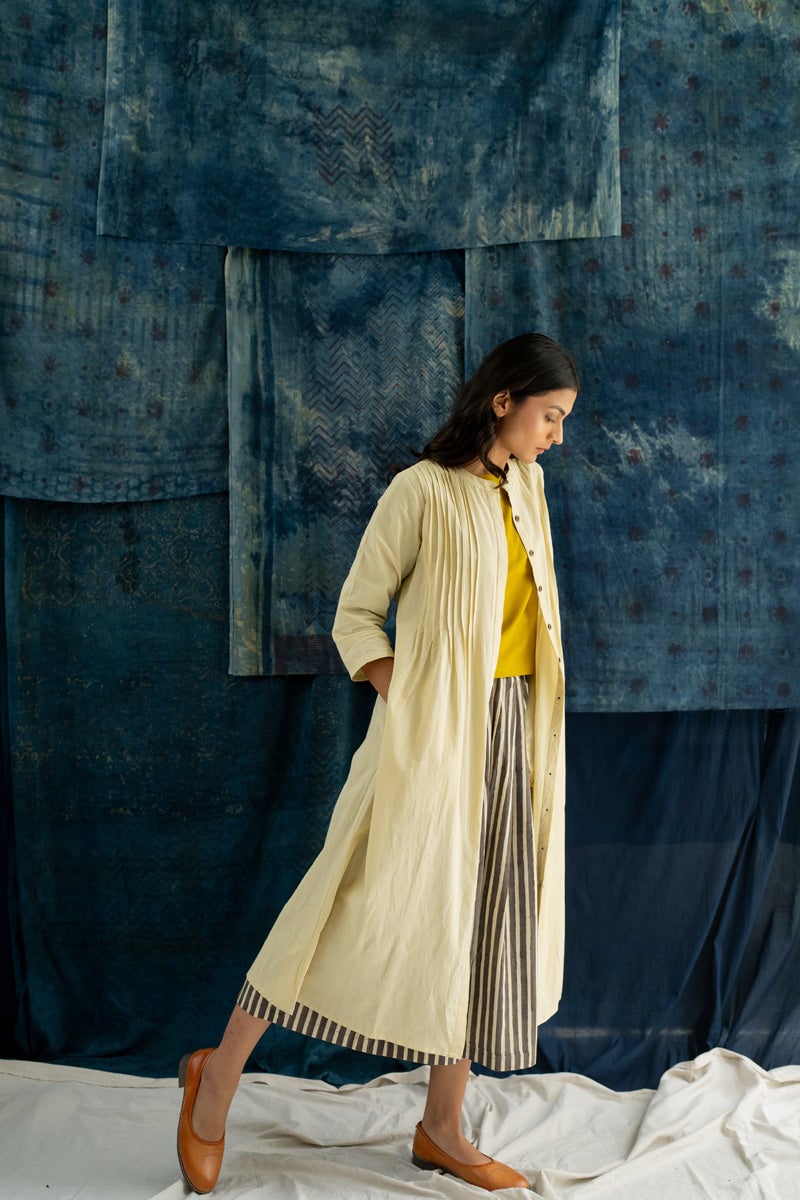 Natural White Cotton Pintuck A-Line Kurta with Pockets