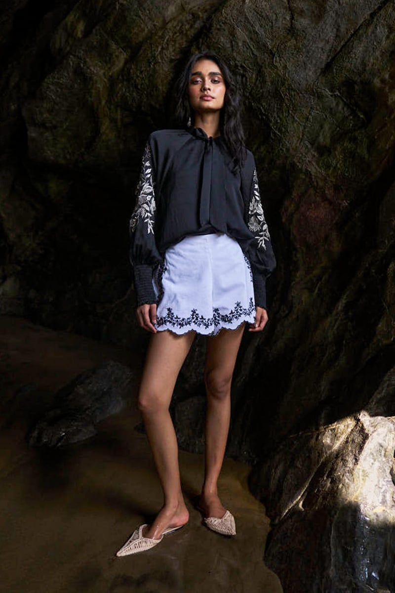 White Denim Shorts with Contrast Embroidered Scallop Hem
