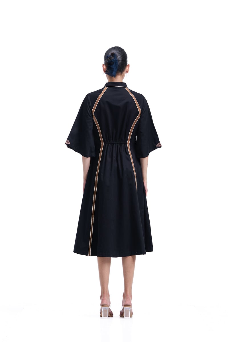 Black Cotton Satin Zip-Front Fit and Flare Midi Dress