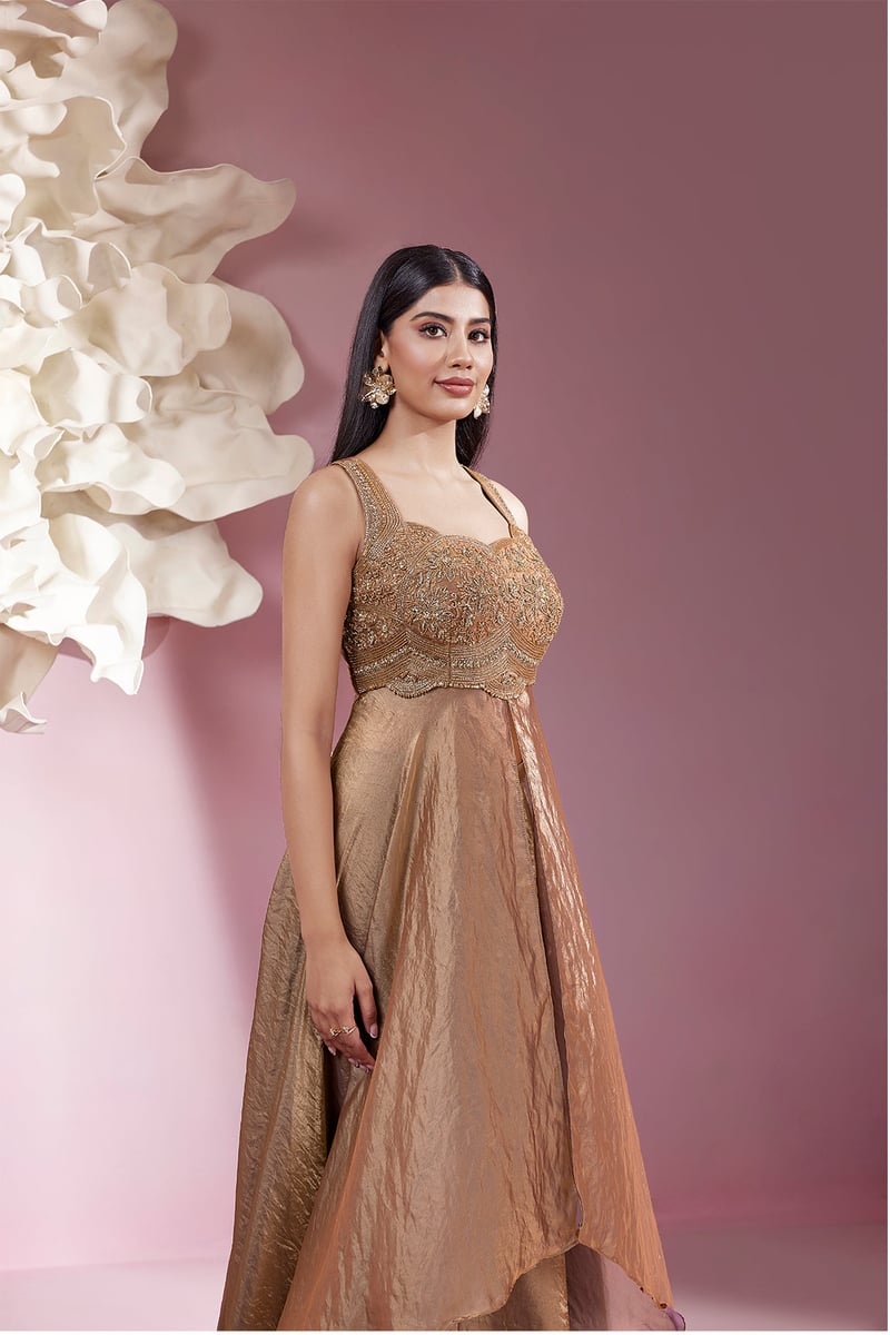 Champagne Gold Shimmer Kurta Set with Embroidered Bodice