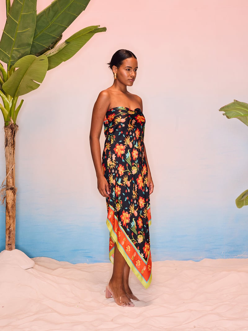 Black Floral Scarf Print Asymmetrical Midi Tube Dress