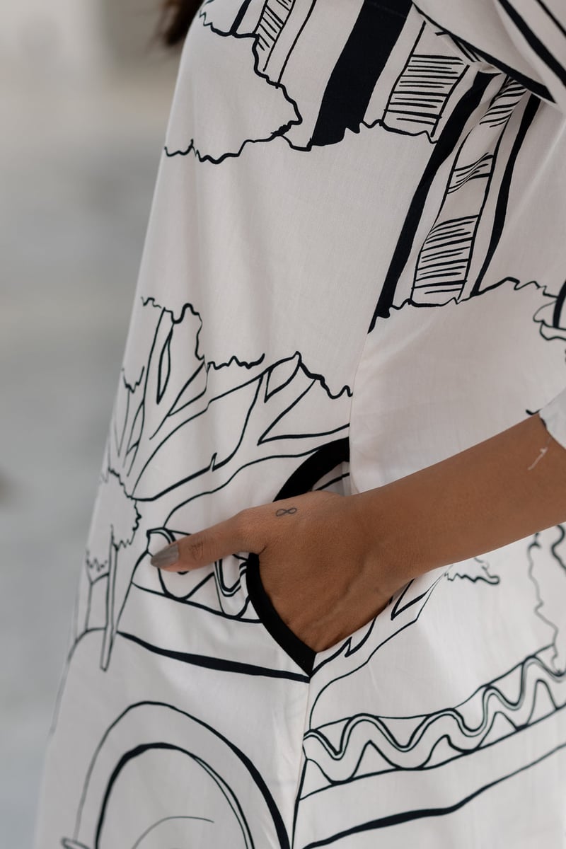 White Monochrome Printed Cotton Poplin Kurta Set