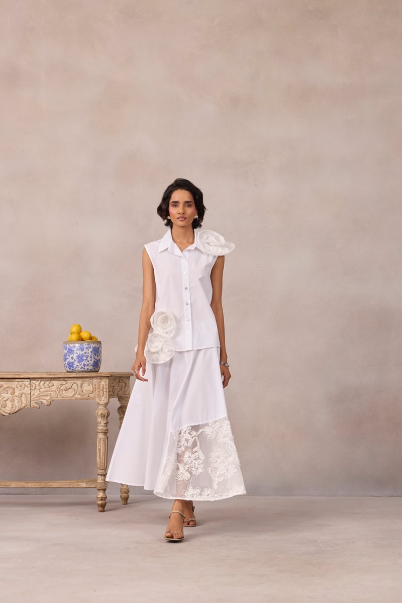 Bright White Sleeveless Shirt with 3D Rosette Detail