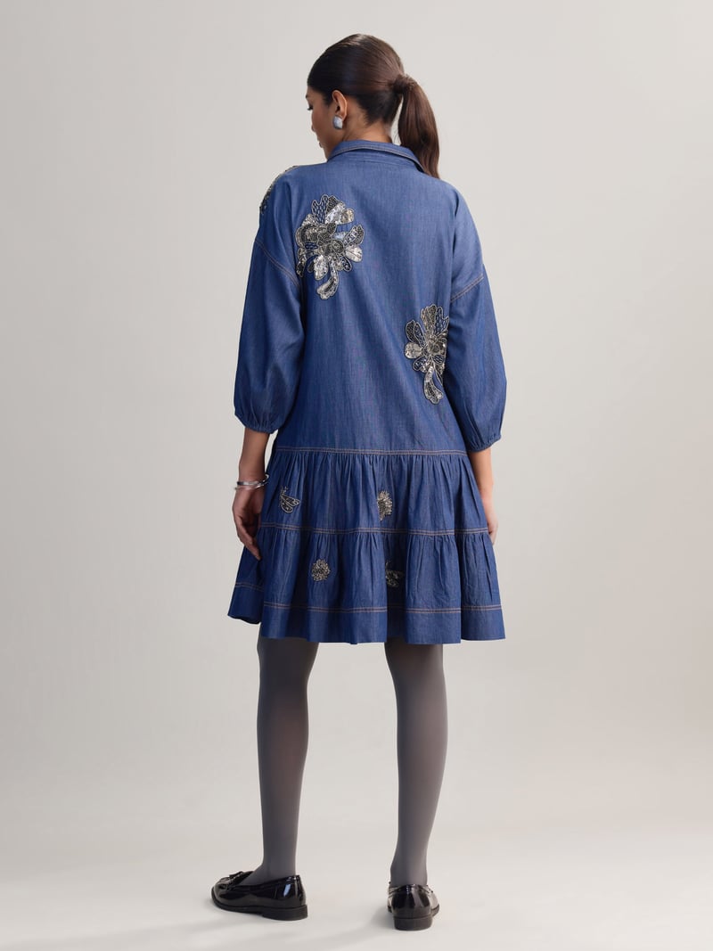 Blue Denim Embellished Tiered Midi Shirt Dress