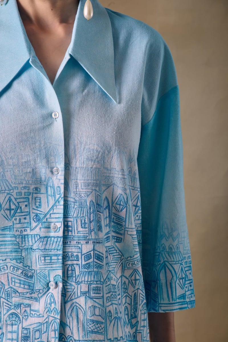 Blue Landscape Printed Relaxed Fit Kimono Shirt