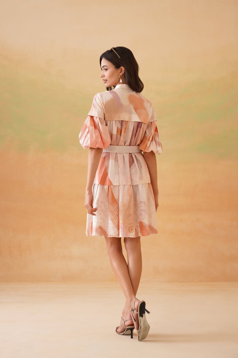 Peach Pastel Printed Tiered Mini Shirt Dress with Belt