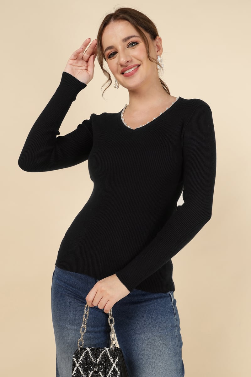 Black Rib-Knit V-Neck Sweater with Pearl Trim — MnM