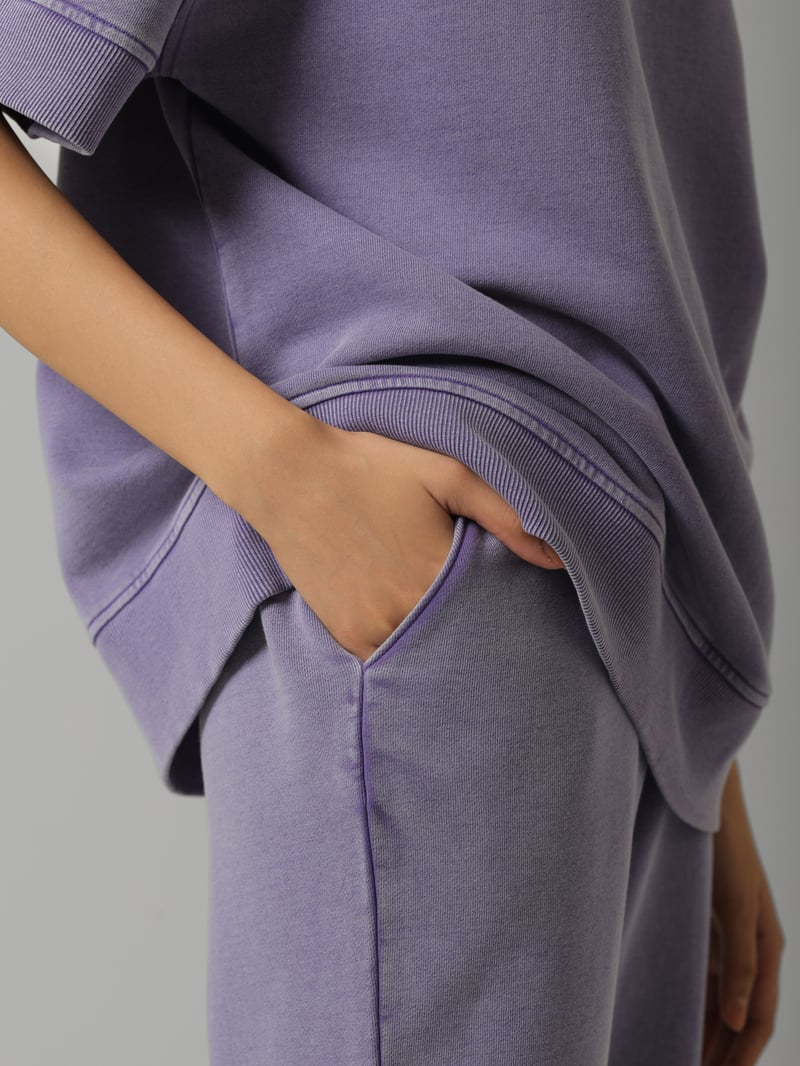 Lilac Cotton Terry Wide-Leg Trackpants with Side Slits