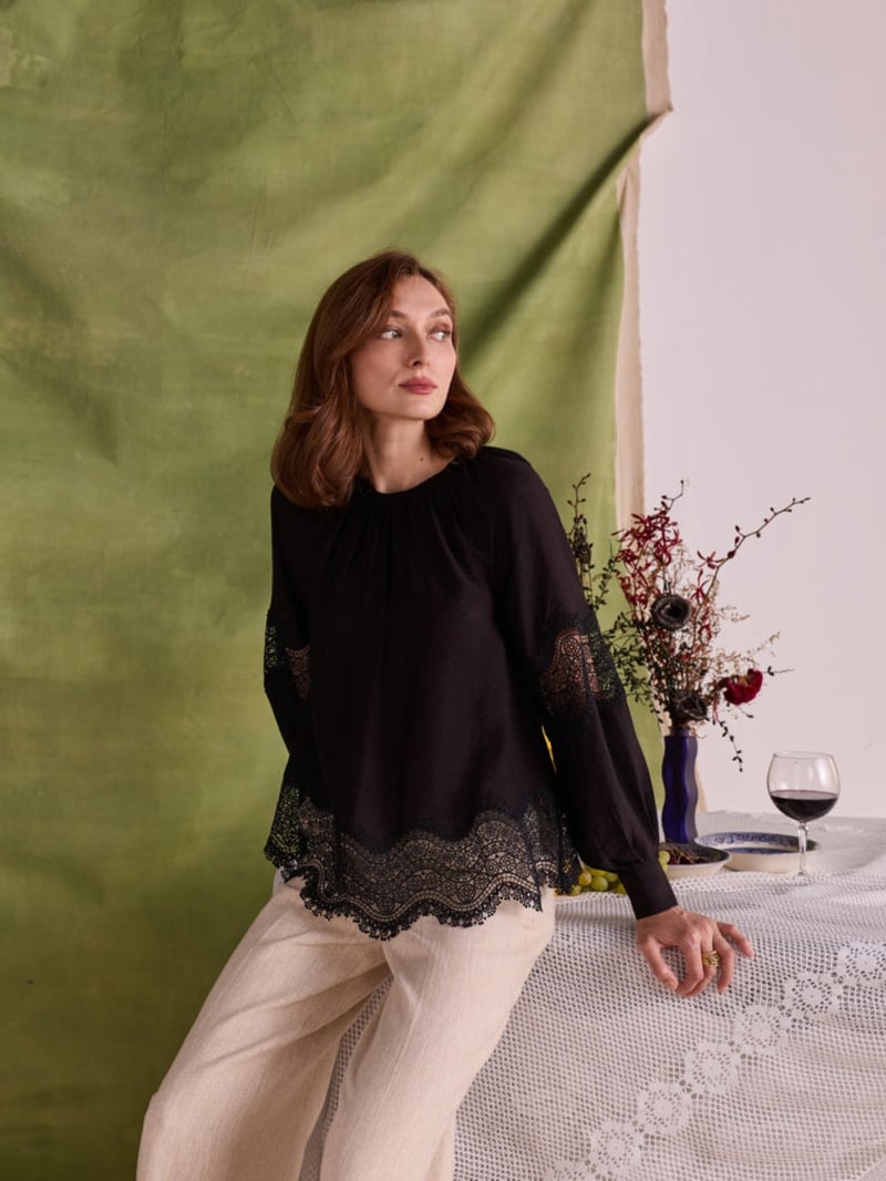 Black Flowy Lace-Detail Top with Full Sleeves