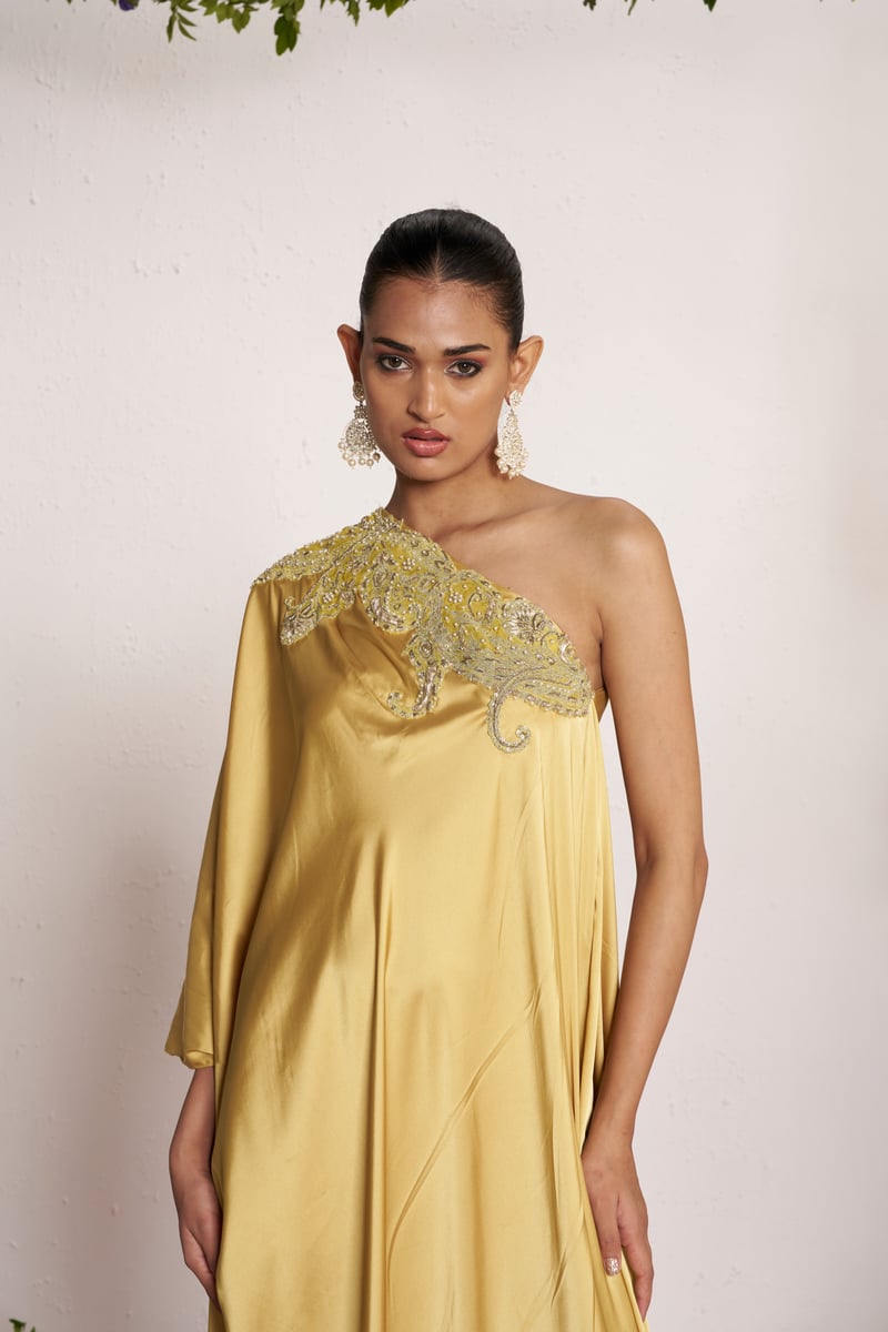 Yellow One-Shoulder Satin Kaftan with Beaded Neckline
