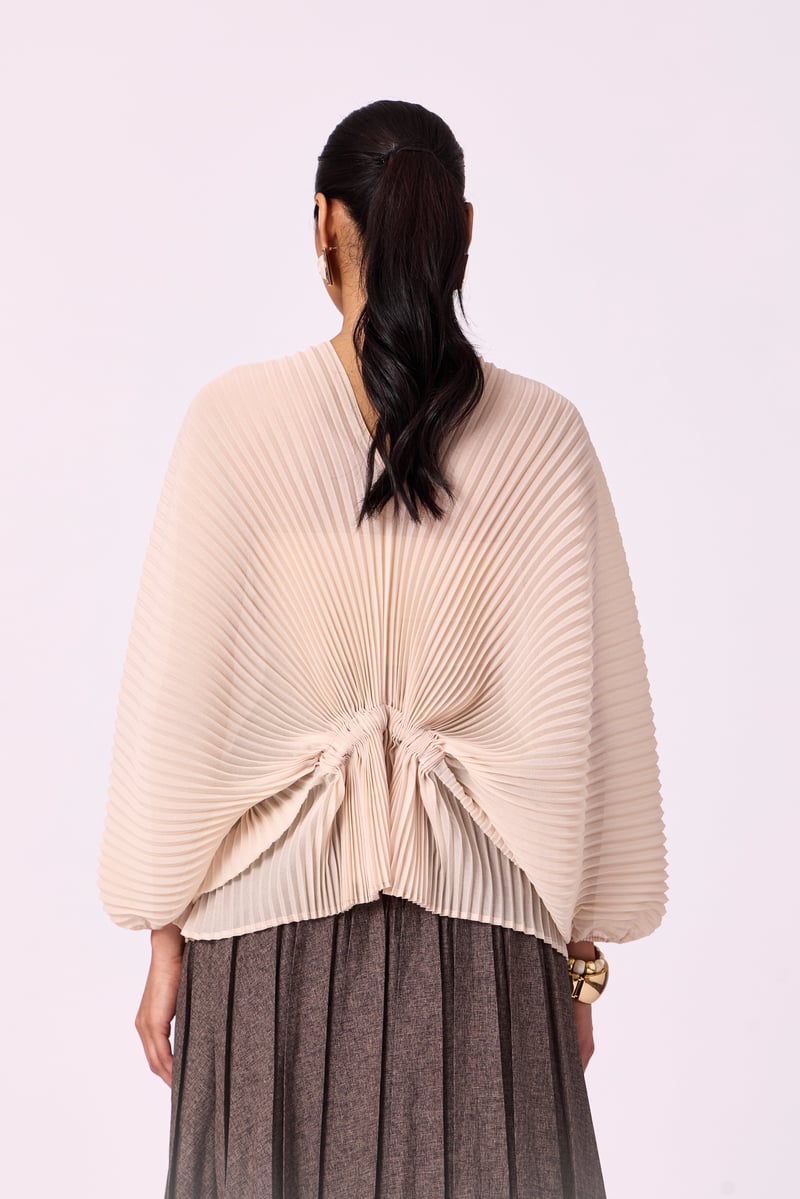 Cream Pleated Kaftan-Inspired V-Neck Batwing Top