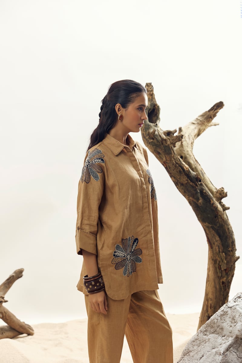 Camel Linen Embroidered Longline Shirt