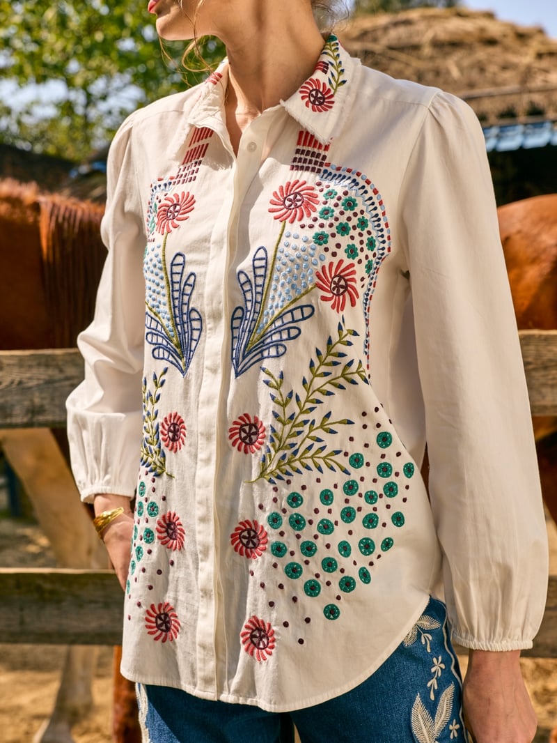 White Embroidered Cotton Button-Down Shirt