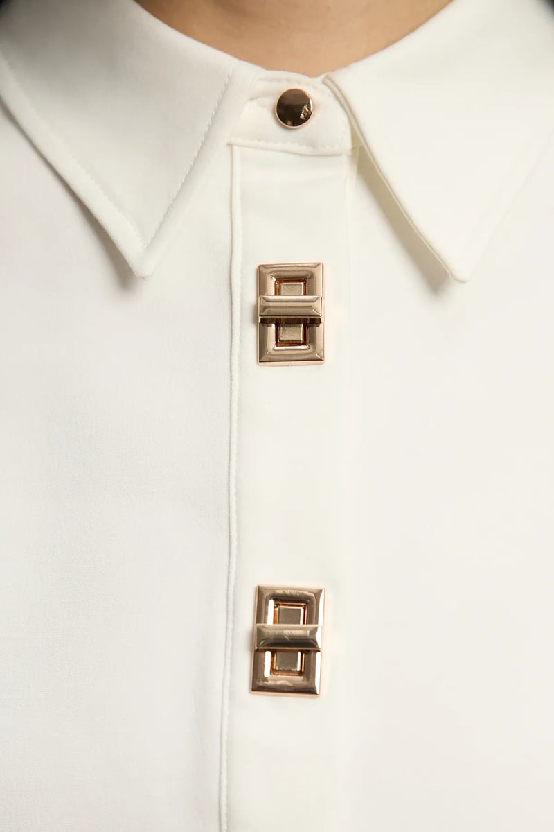 Ivory Collared Straight Mini Dress with Hardware Placket