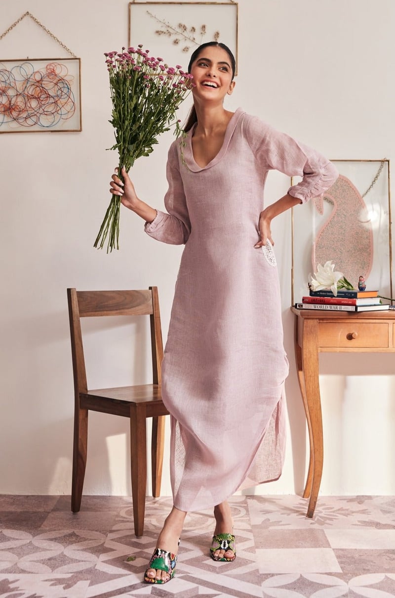 Lavender Linen V-Neck Straight Midi Dress with Pockets