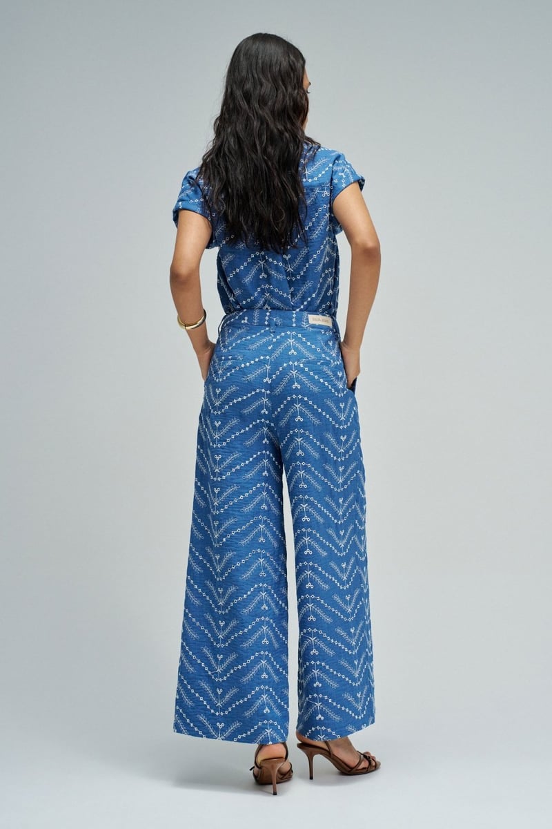 Blue Wide-Leg High-Rise Geometric Print Trousers