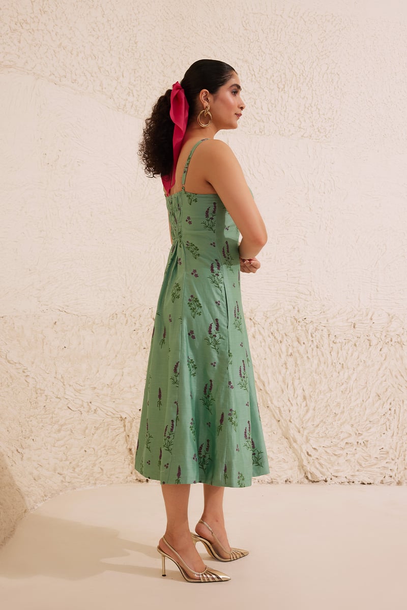 Teal Floral Block Print Chanderi Bustier Midi Dress