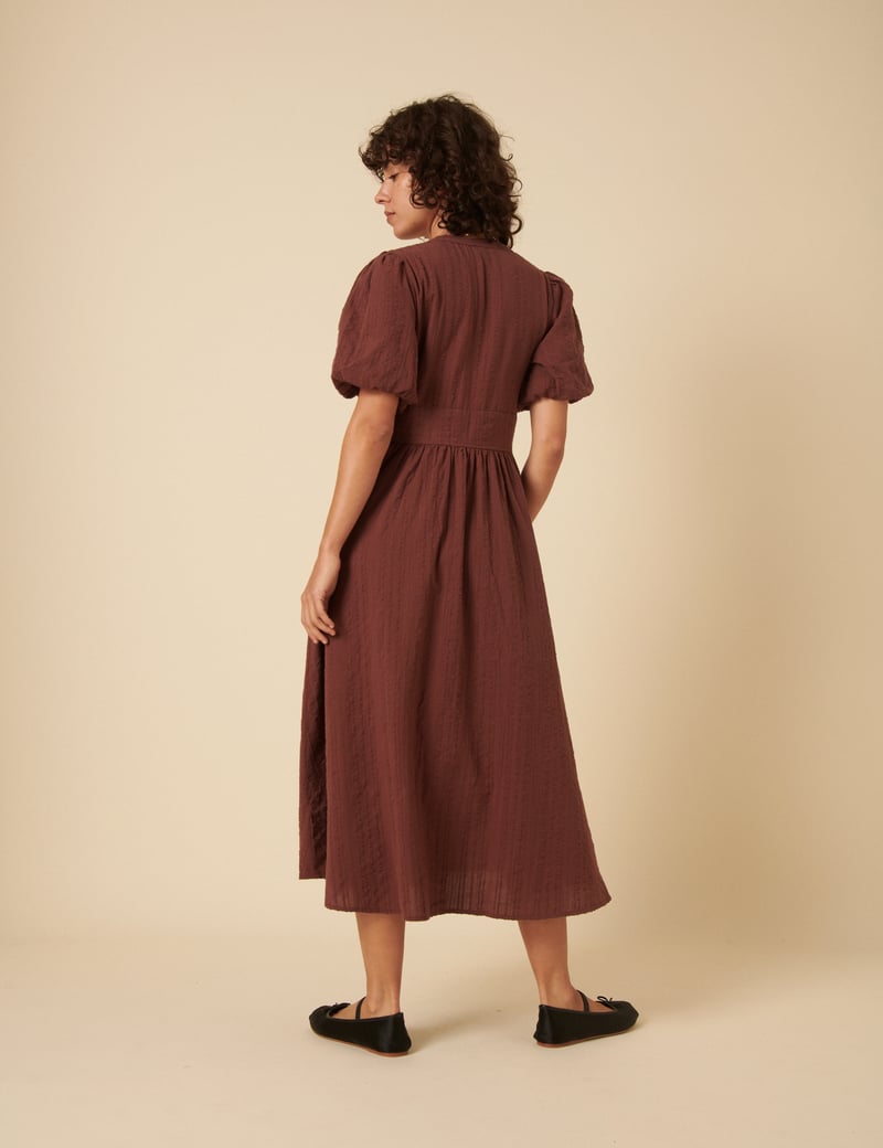 Chocolate Brown V-Neck Button-Front Midi Dress