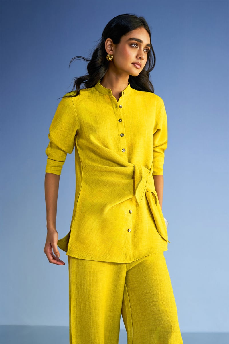 Chartreuse Linen-Blend Side-Tie Button-Down Longline Top