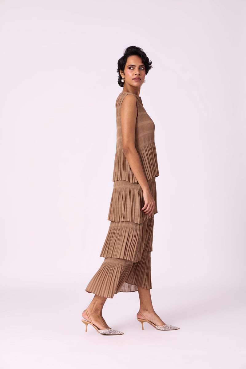 Taupe Tiered Pleated Chiffon Maxi Dress