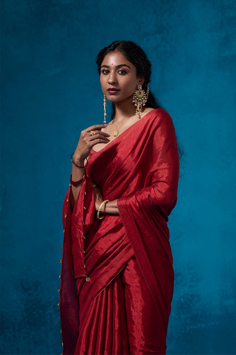 Rich Red Metallic Tissue Saree with Embellished Pallu