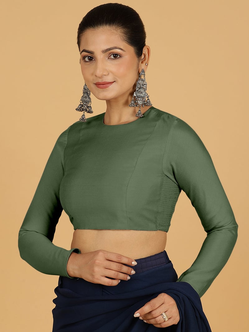 Hunter Green Full Sleeve Round Neck Saree Blouse