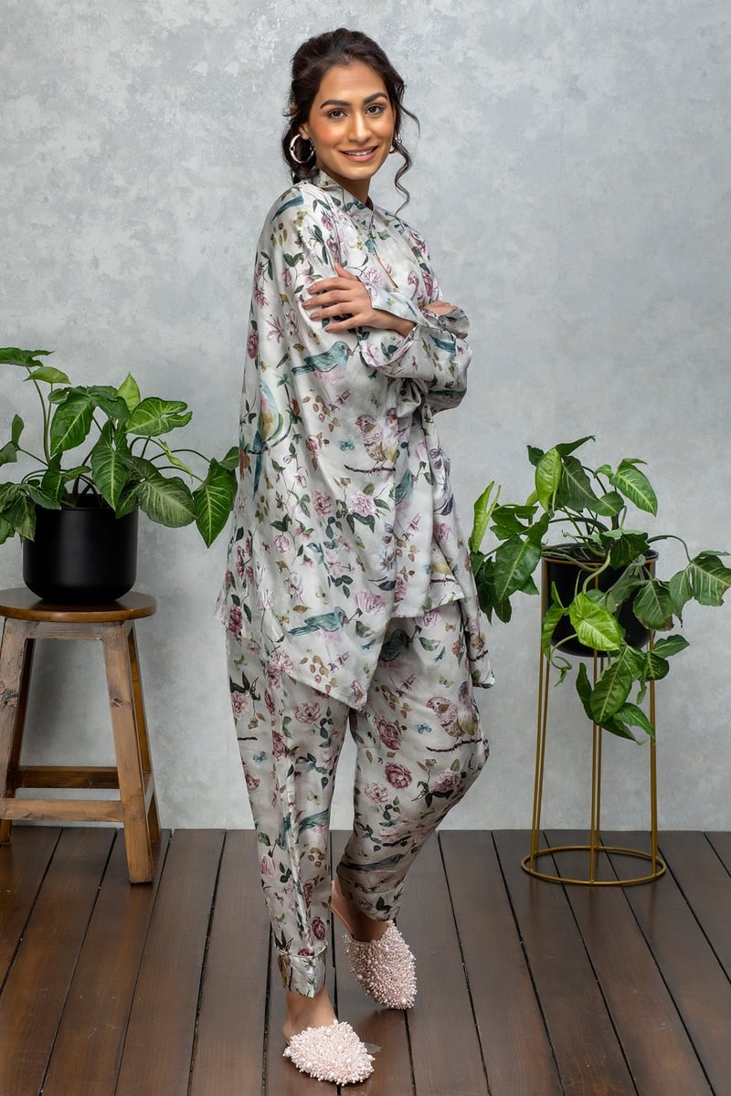 Grey/Multicolor Printed Silk Co-ord Set