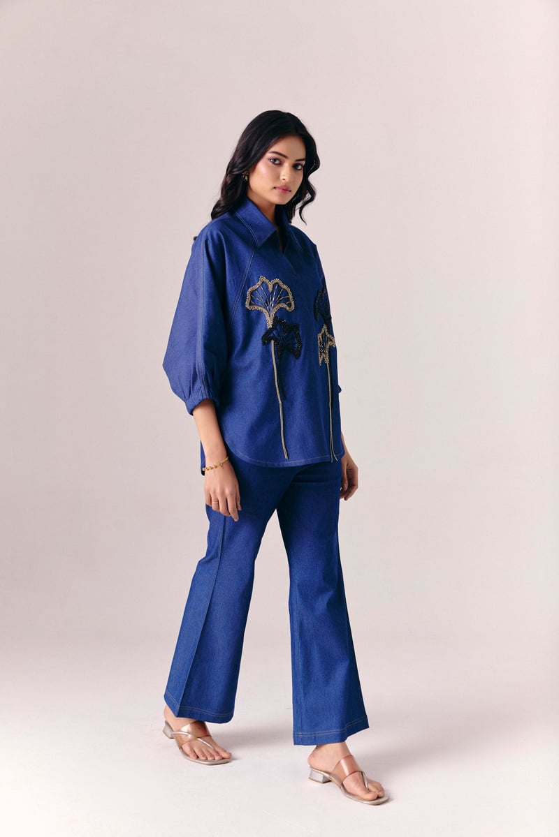 Dark Blue Denim Pullover Shirt with Handwork Detail