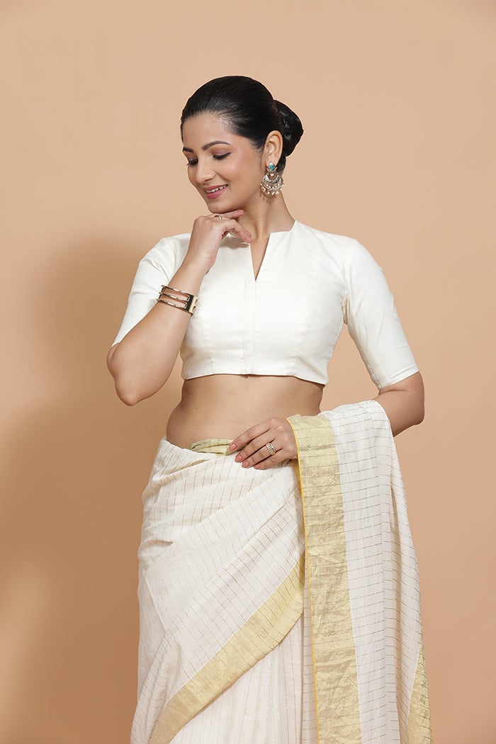 Ivory Mist Cotton Saree Blouse with Round Neck and Elbow Sleeves