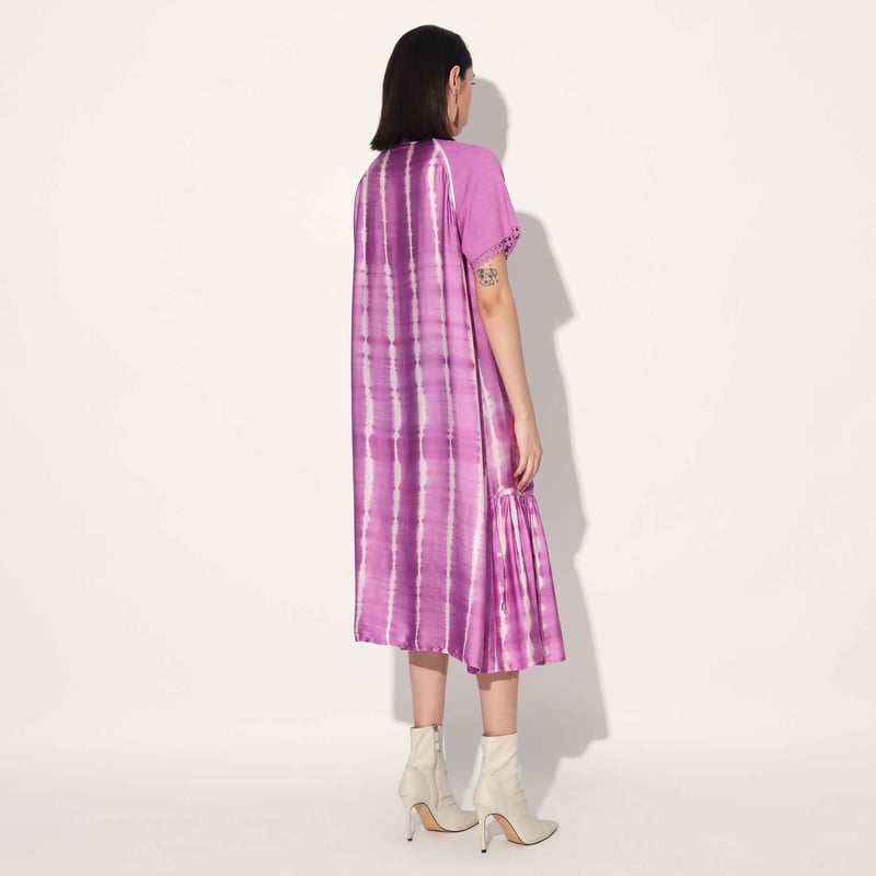 Pink/White Shibori Stripe Satin Midi Shirt Dress