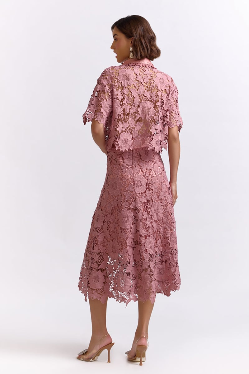 Onion Pink Lace Shirt and Midi Skirt Co-ord Set
