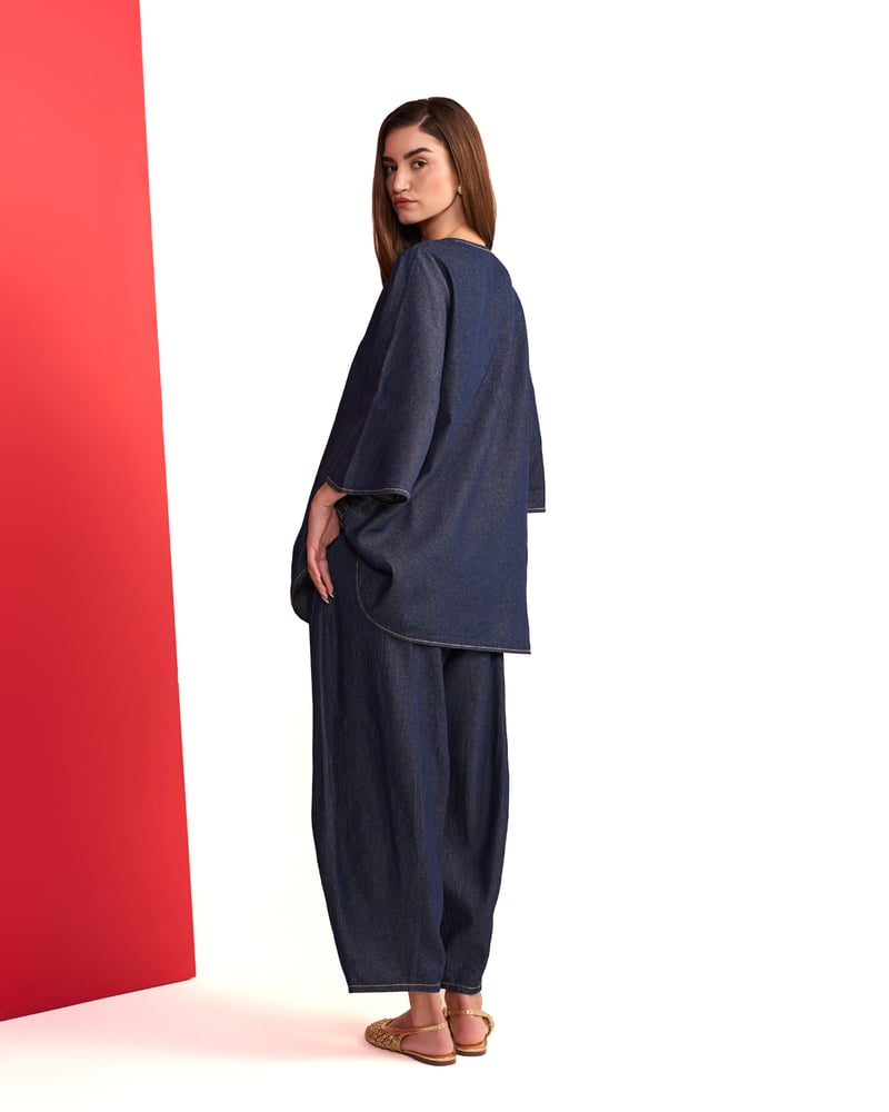 Indigo Denim Tunic and Wide-Leg Pants Co-ord Set